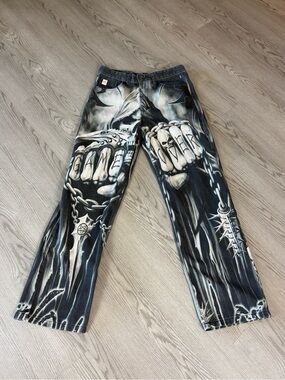 Y2K Riot Empire Black Graphic Men’s Jeans with Skeletal Fist